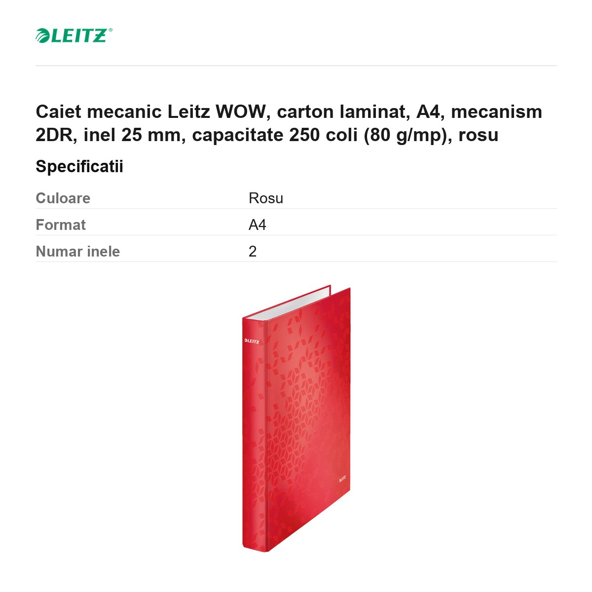 Caiet mecanic Leitz WOW, carton laminat, A4, mecanism 2DR, inel 25 mm, capacitate 250 coli (80 g/mp), rosu [3]