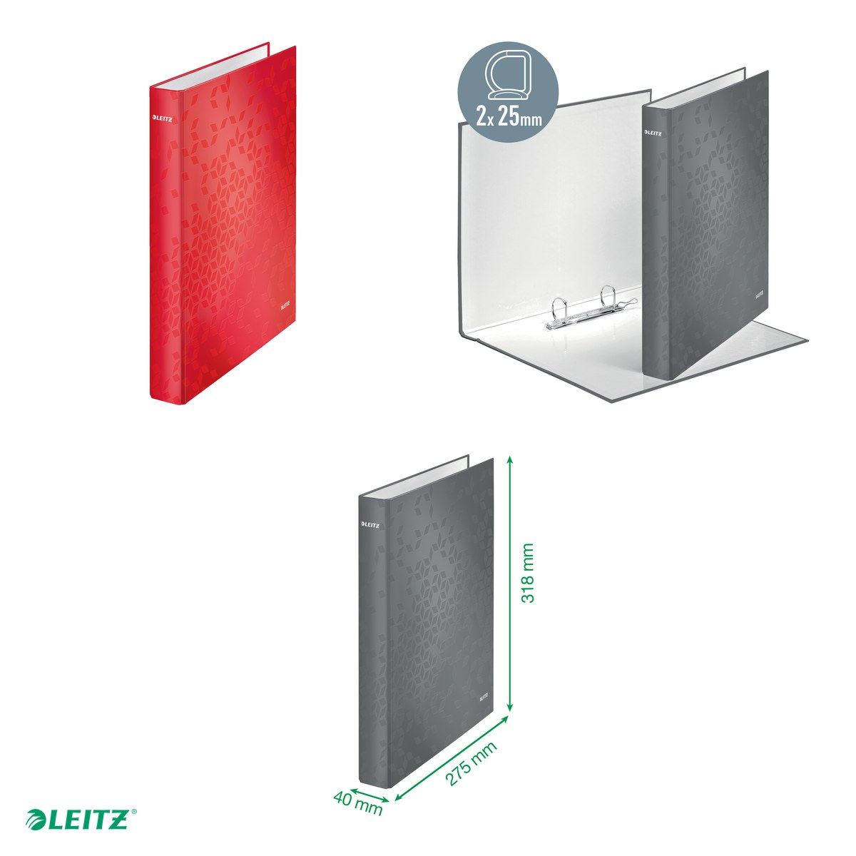 Caiet mecanic Leitz WOW, carton laminat, A4, mecanism 2DR, inel 25 mm, capacitate 250 coli (80 g/mp), rosu [4]