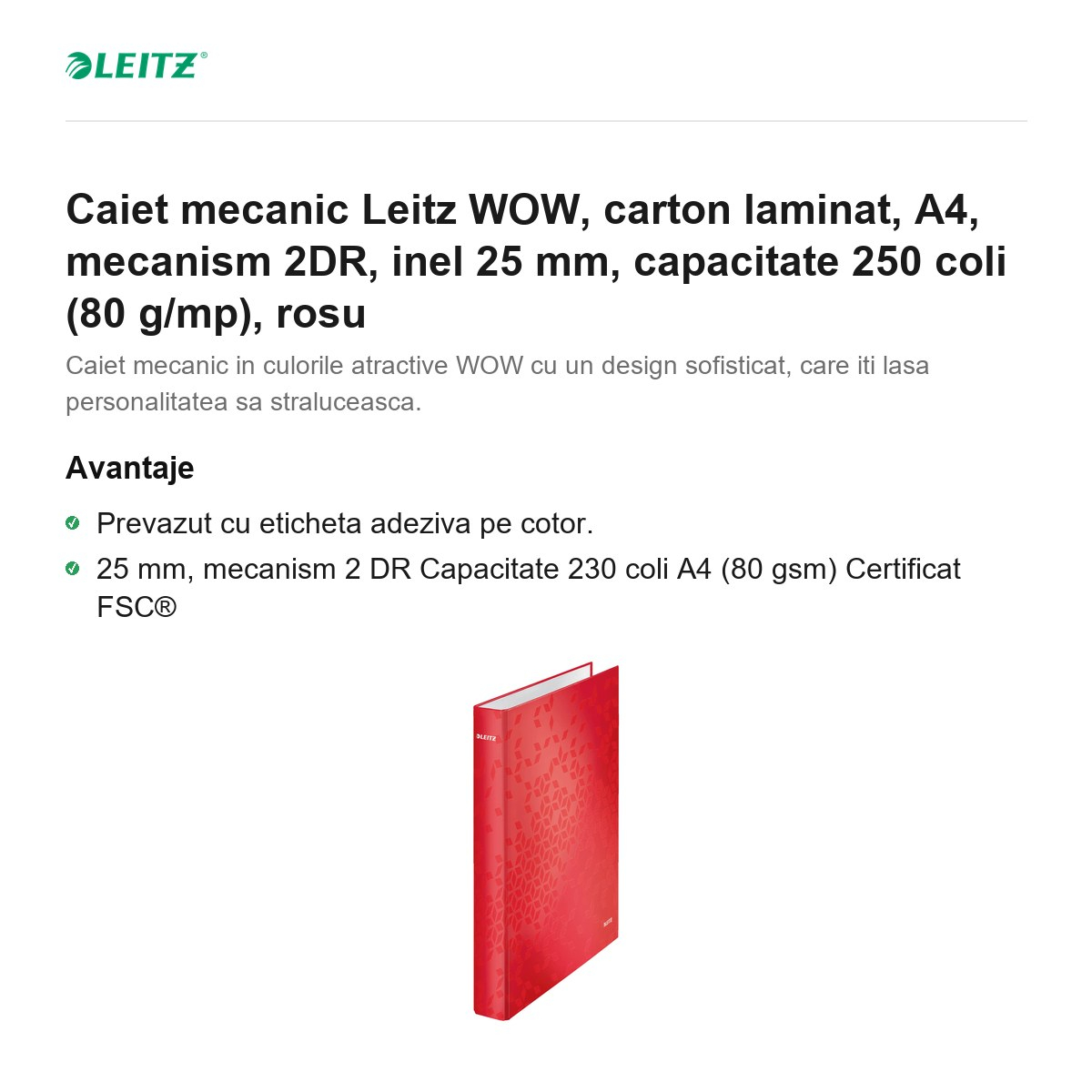 Caiet mecanic Leitz WOW, carton laminat, A4, mecanism 2DR, inel 25 mm, capacitate 250 coli (80 g/mp), rosu [2]