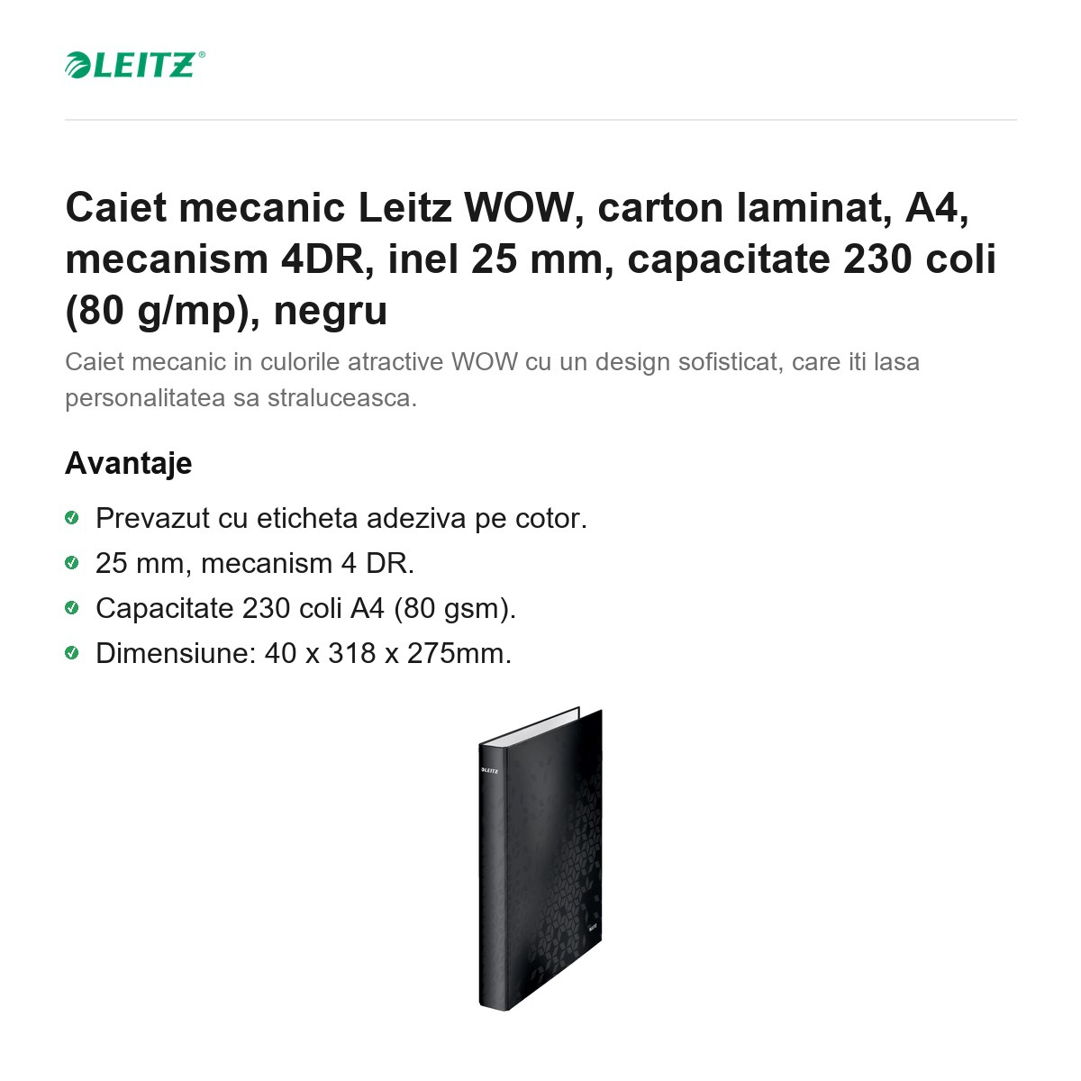 Caiet mecanic Leitz WOW, carton laminat, A4, mecanism 4DR, inel 25 mm, capacitate 230 coli (80 g/mp), negru [2]