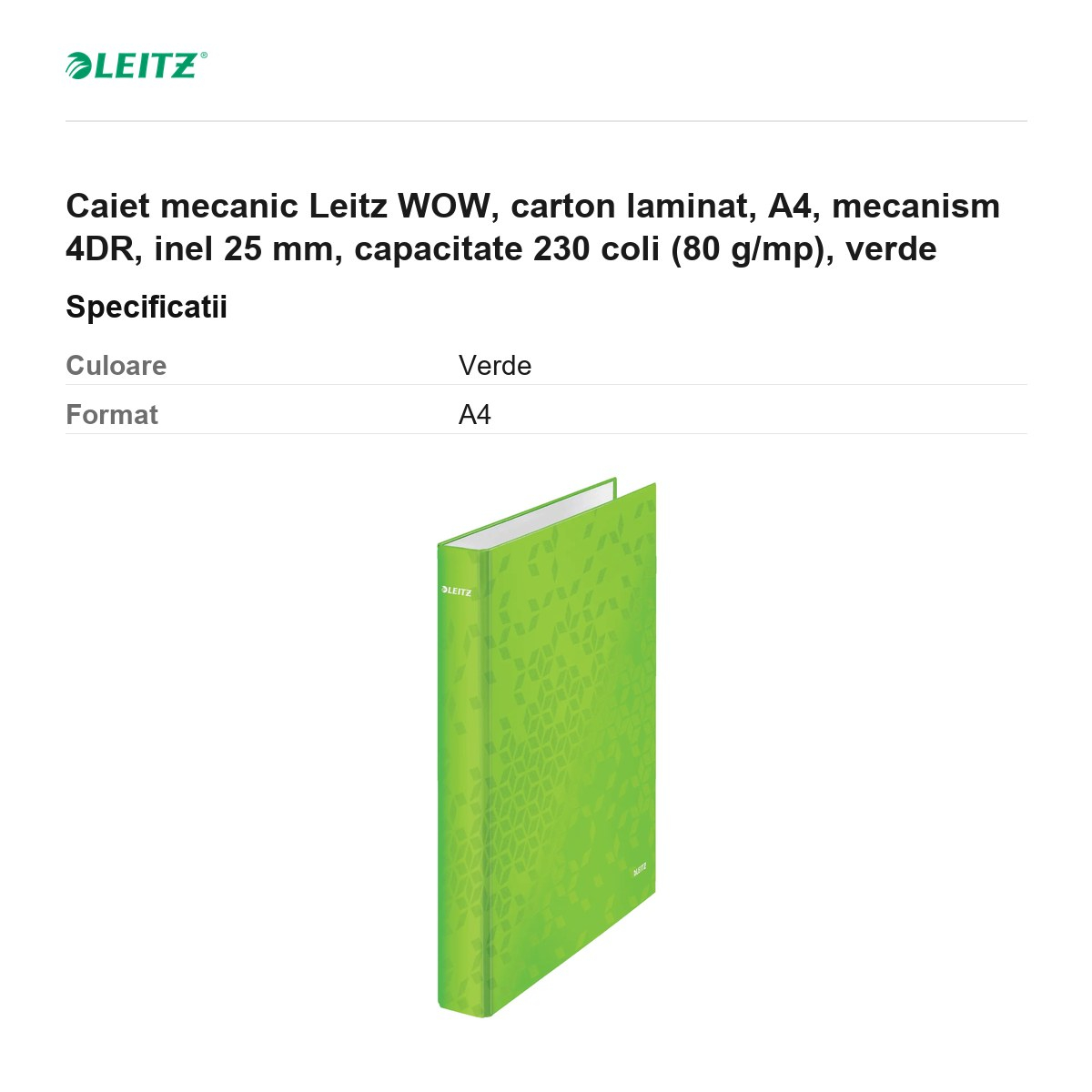 Caiet mecanic Leitz WOW, carton laminat, A4, mecanism 4DR, inel 25 mm, capacitate 230 coli (80 g/mp), verde [3]