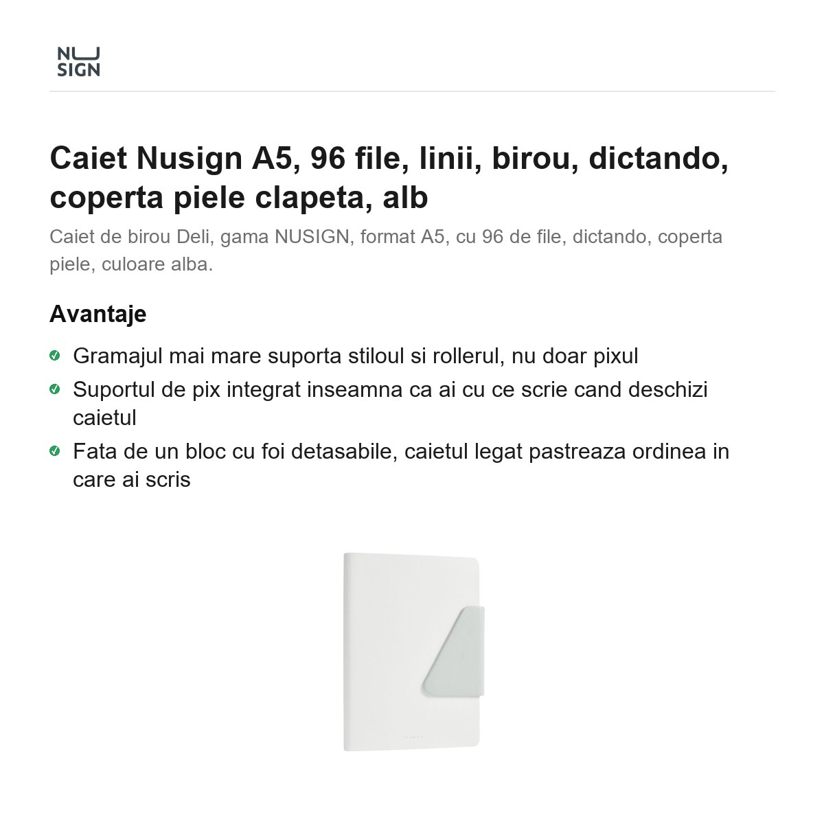 Caiet Nusign A5, 96 file, linii, birou, dictando, coperta piele clapeta, alb [2]