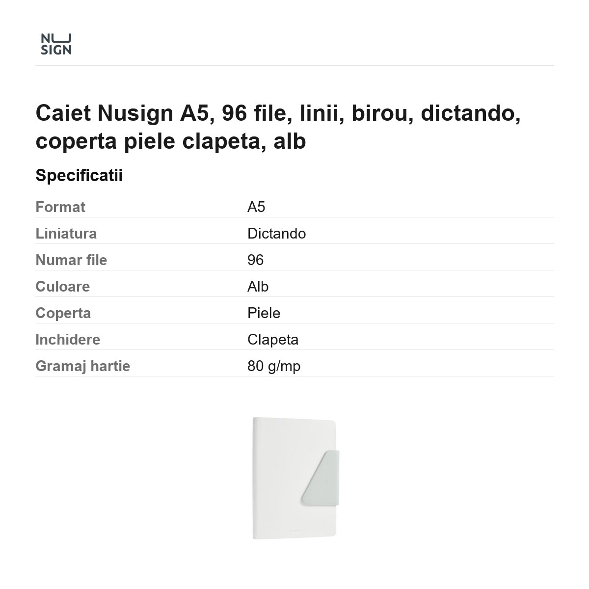 Caiet Nusign A5, 96 file, linii, birou, dictando, coperta piele clapeta, alb [3]