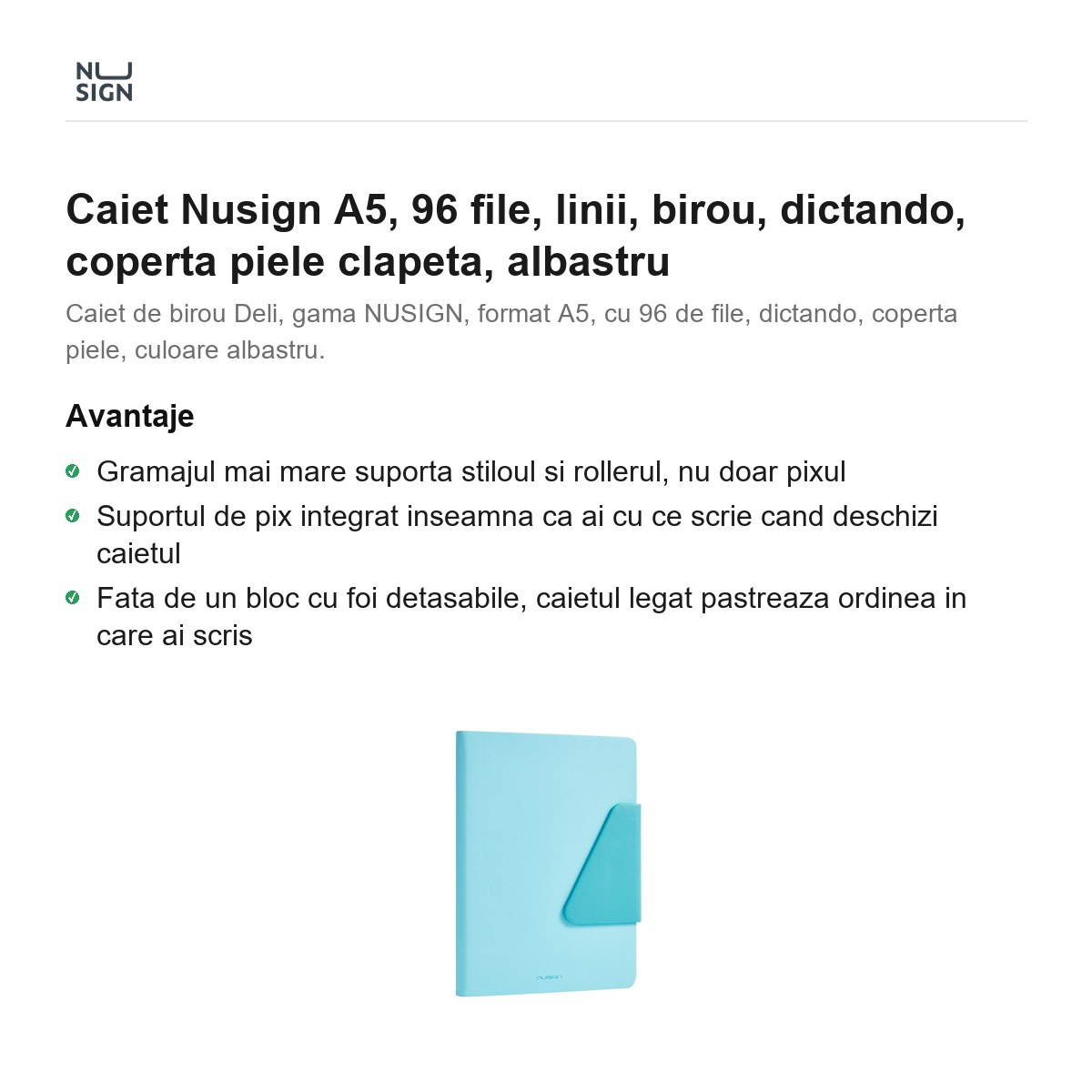 Caiet Nusign A5, 96 file, linii, birou, dictando, coperta piele clapeta, albastru [2]