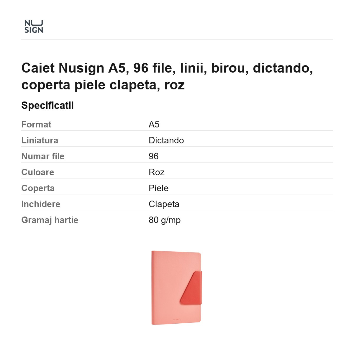 Caiet Nusign A5, 96 file, linii, birou, dictando, coperta piele clapeta, roz [3]