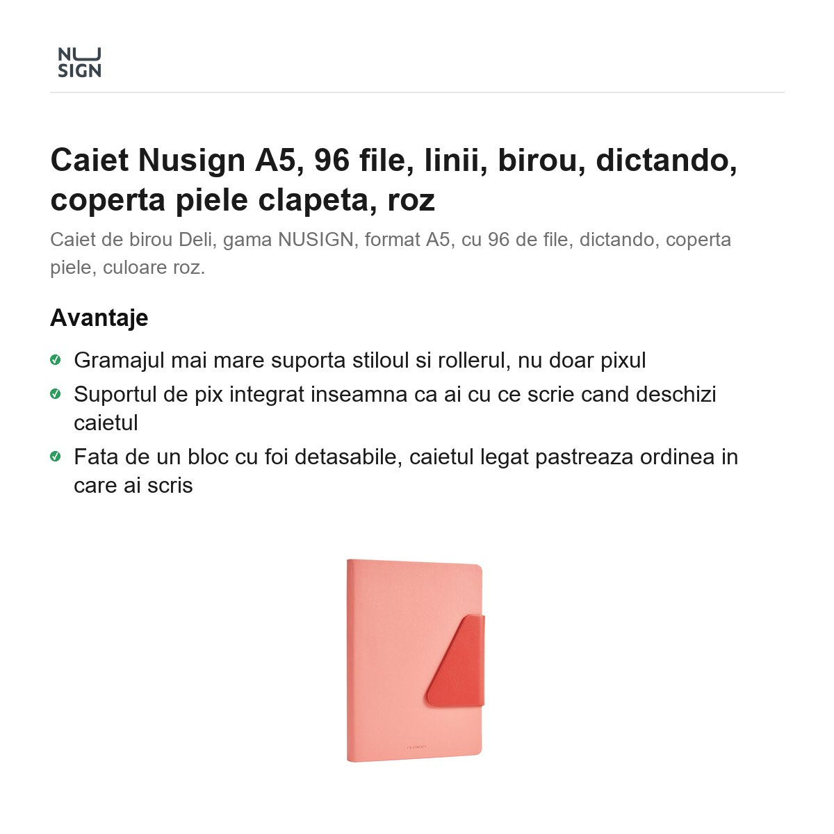 Caiet Nusign A5, 96 file, linii, birou, dictando, coperta piele clapeta, roz [2]