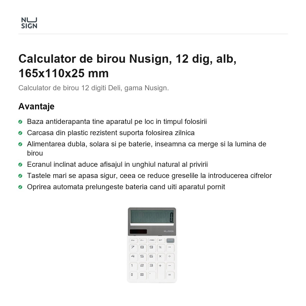 Calculator de birou Nusign, 12 dig, alb, 165x110x25 mm [2]