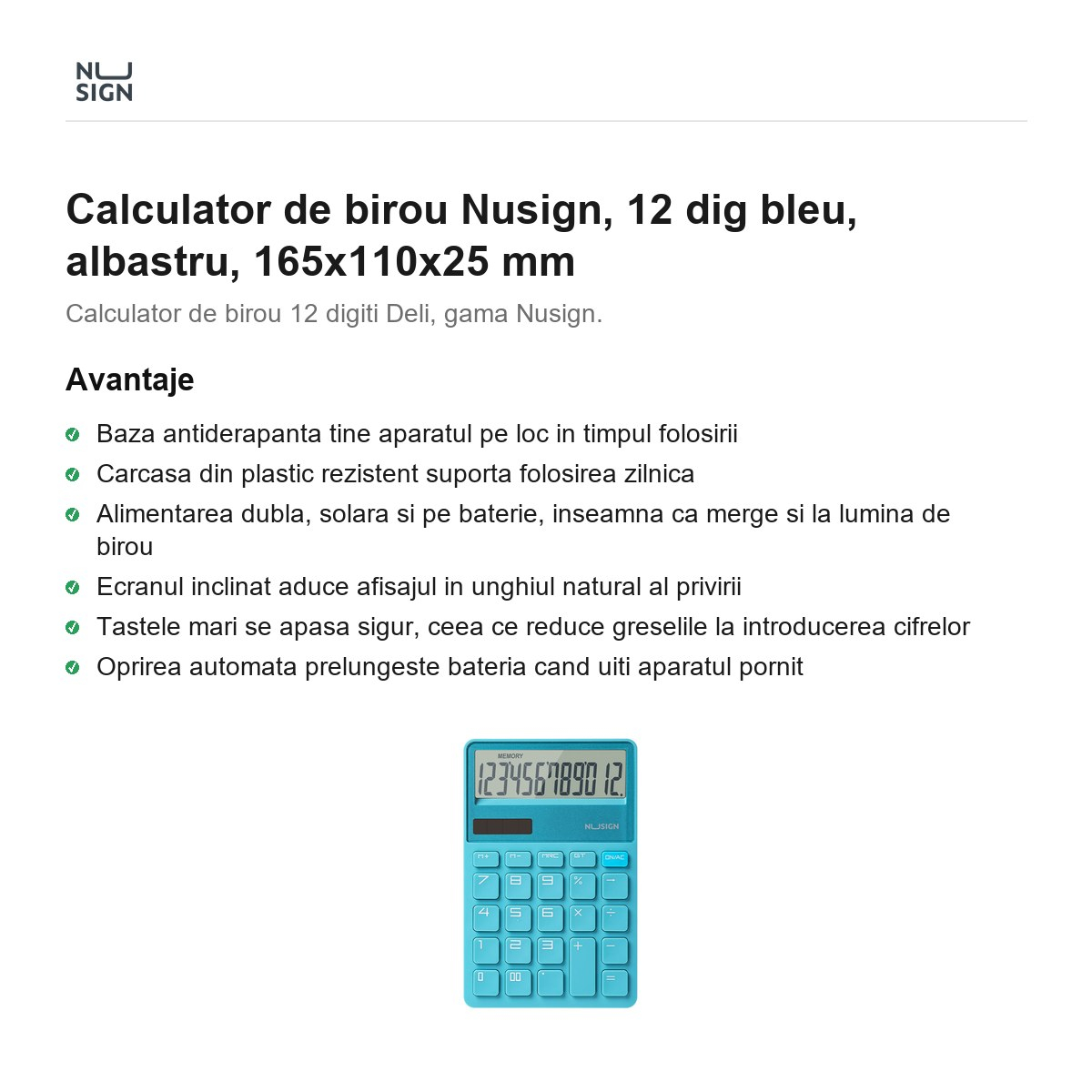 Calculator de birou Nusign, 12 dig bleu, albastru, 165x110x25 mm [2]