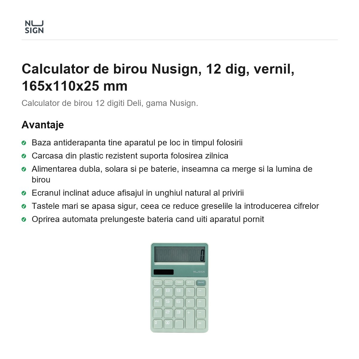 Calculator de birou Nusign, 12 dig, vernil, 165x110x25 mm [2]