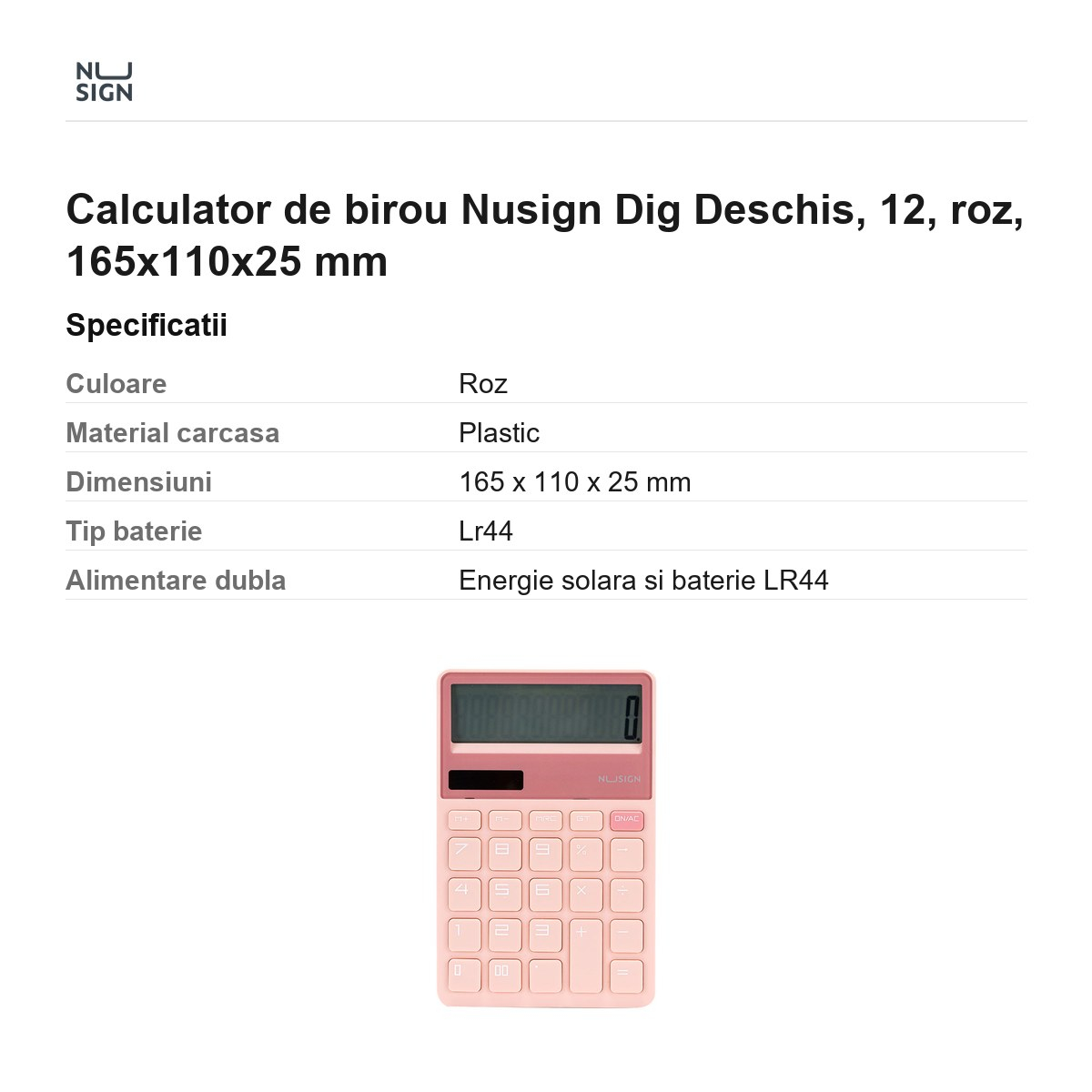 Calculator de birou Nusign Dig Deschis, 12, roz, 165x110x25 mm [3]