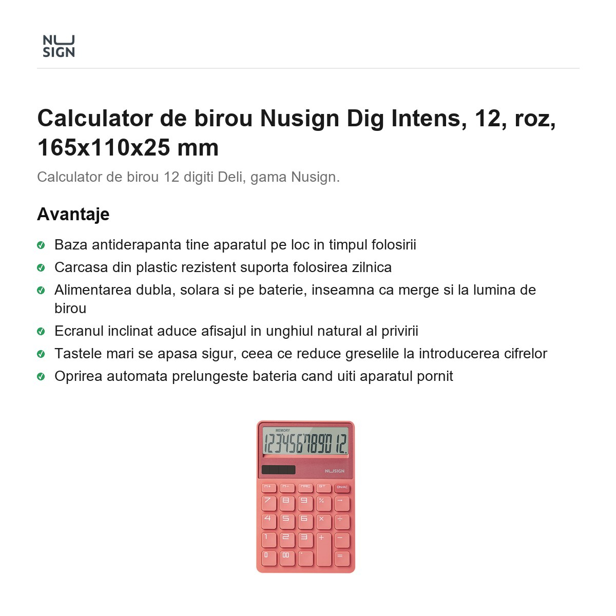 Calculator de birou Nusign Dig Intens, 12, roz, 165x110x25 mm [2]