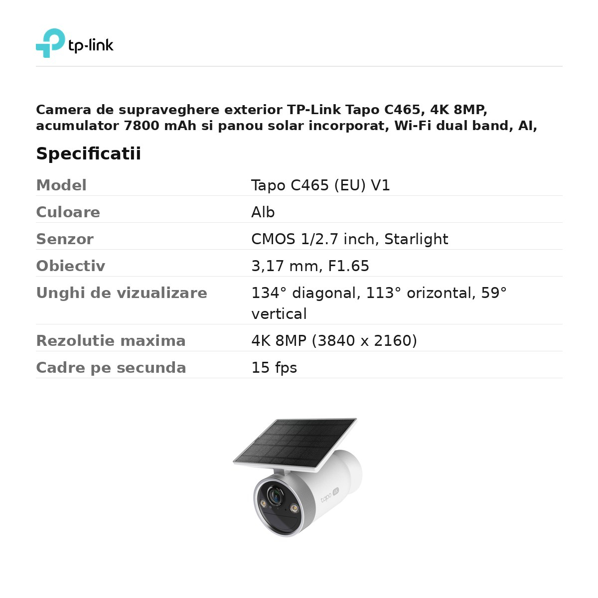 Camera de supraveghere exterior TP-Link Tapo C465, 4K 8MP, acumulator 7800 mAh si panou solar incorporat, Wi-Fi dual band, AI, vedere nocturna color, IP65, alb [3]