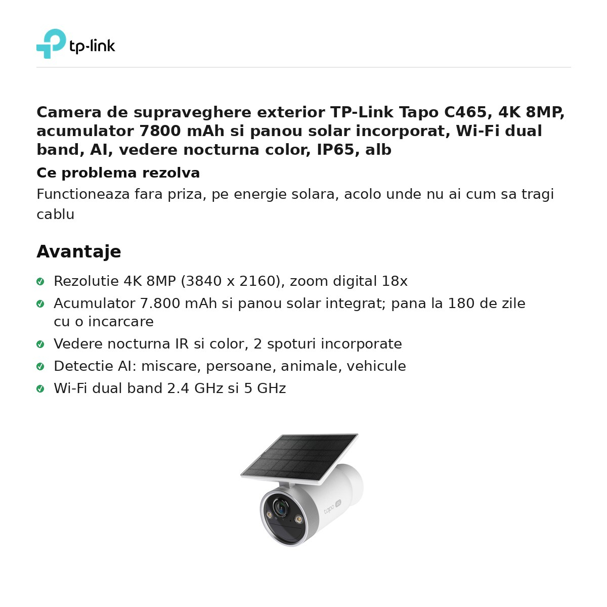 Camera de supraveghere exterior TP-Link Tapo C465, 4K 8MP, acumulator 7800 mAh si panou solar incorporat, Wi-Fi dual band, AI, vedere nocturna color, IP65, alb [2]