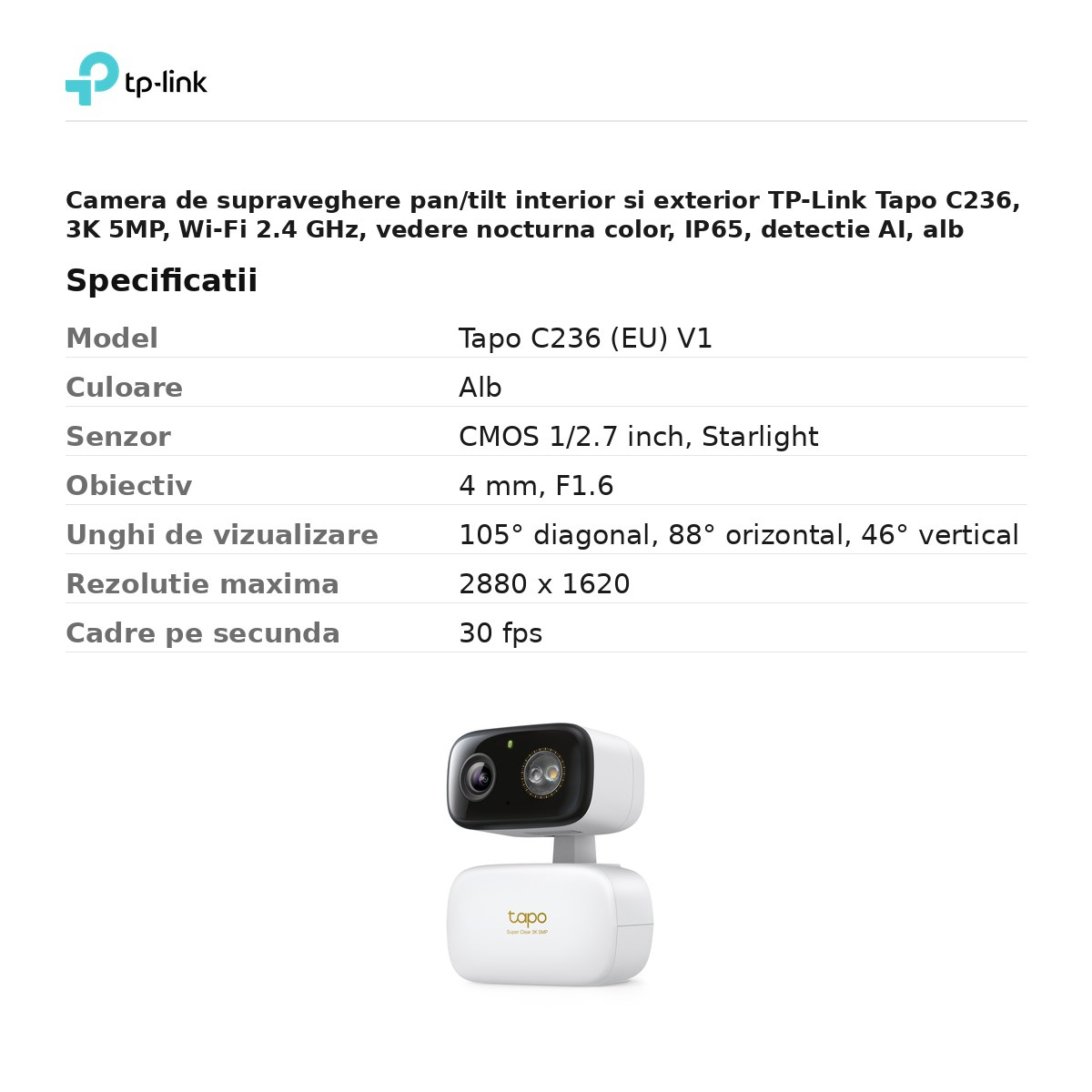 Camera de supraveghere pan/tilt interior si exterior TP-Link Tapo C236, 3K 5MP, Wi-Fi 2.4 GHz, vedere nocturna color, IP65, detectie AI, alb [3]