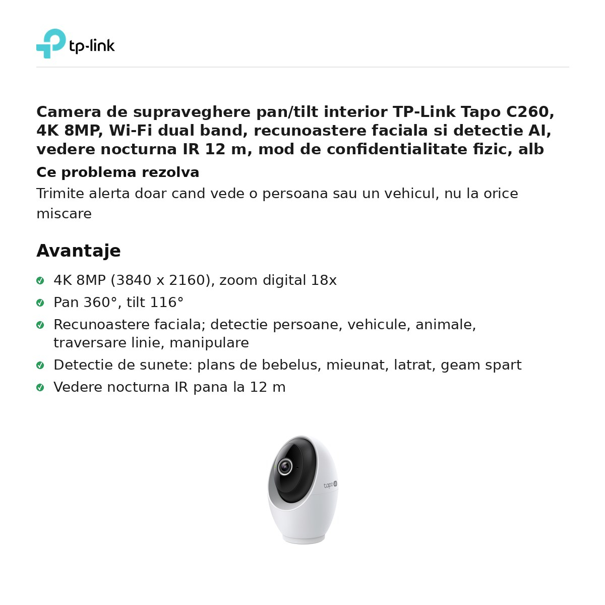 Camera de supraveghere pan/tilt interior TP-Link Tapo C260, 4K 8MP, Wi-Fi dual band, recunoastere faciala si detectie AI, vedere nocturna IR 12 m, mod de confidentialitate fizic, alb [2]