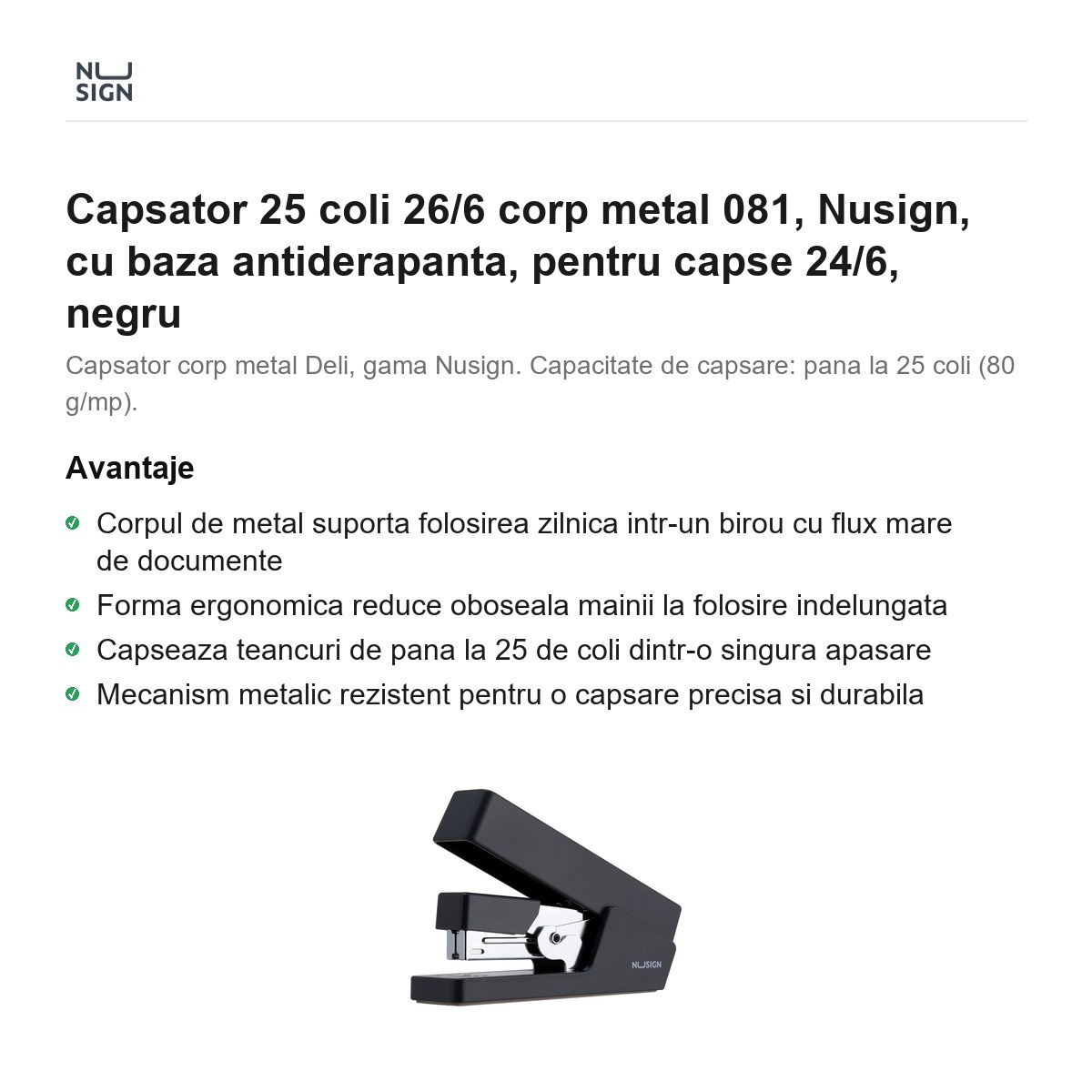 Capsator 25 coli 26/6 corp metal 081, Nusign, cu baza antiderapanta, pentru capse 24/6, negru [2]