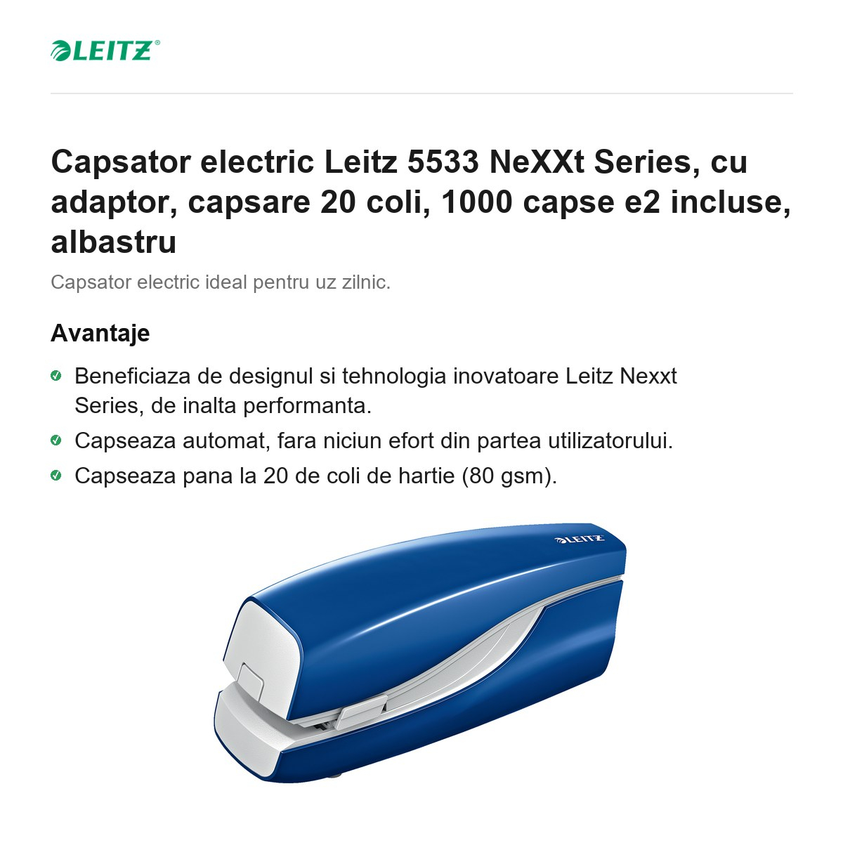 Capsator electric Leitz 5533 NeXXt Series, cu adaptor, capsare 20 coli, 1000 capse e2 incluse, albastru [2]