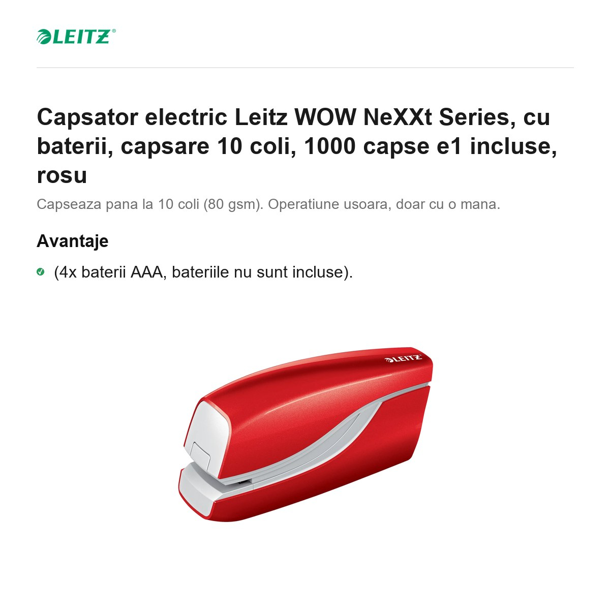 Capsator electric Leitz WOW NeXXt Series, cu baterii, capsare 10 coli, 1000 capse e1 incluse, rosu [2]