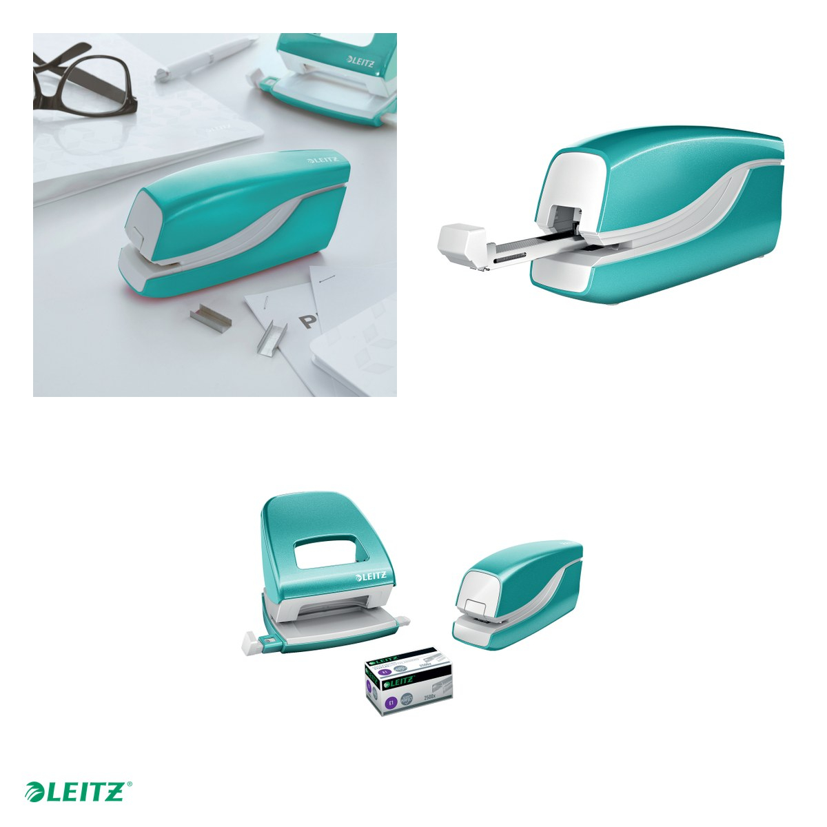 Capsator electric Leitz WOW NeXXt Series, cu baterii, capsare 10 coli, 1000 capse e1 incluse, turcoaz [4]