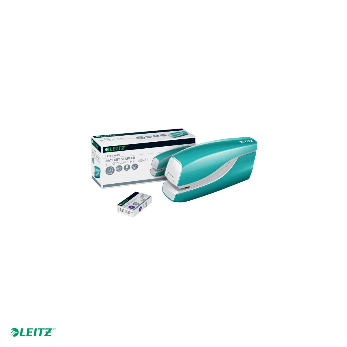Capsator electric Leitz WOW NeXXt Series, cu baterii, capsare 10 coli, 1000 capse e1 incluse, turcoaz [5]