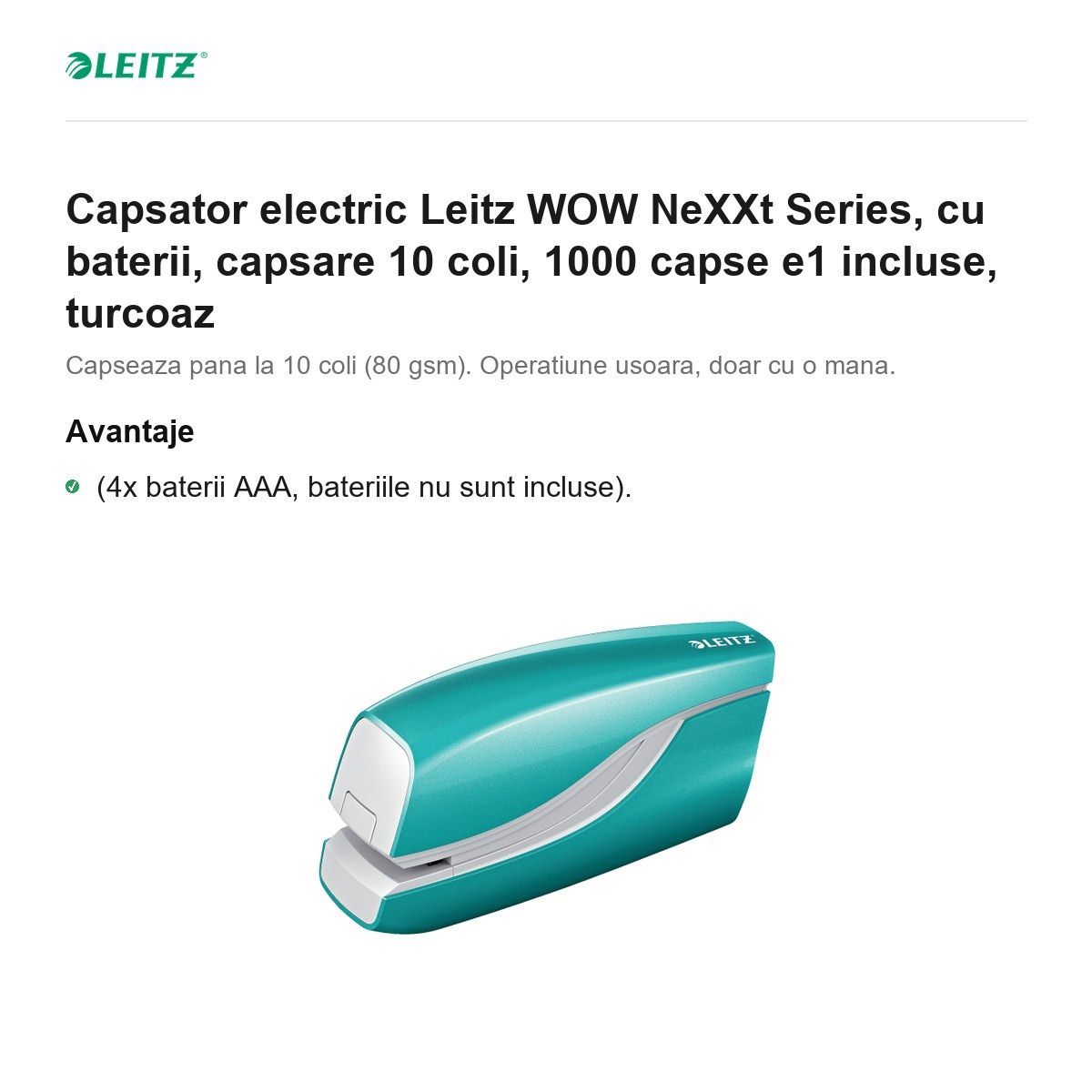 Capsator electric Leitz WOW NeXXt Series, cu baterii, capsare 10 coli, 1000 capse e1 incluse, turcoaz [2]