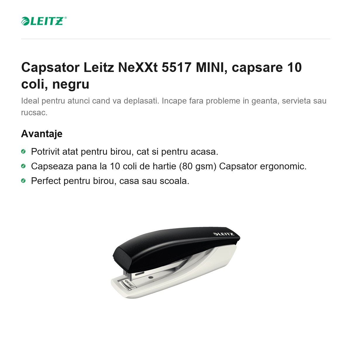 Capsator Leitz NeXXt 5517 MINI, capsare 10 coli, negru [2]