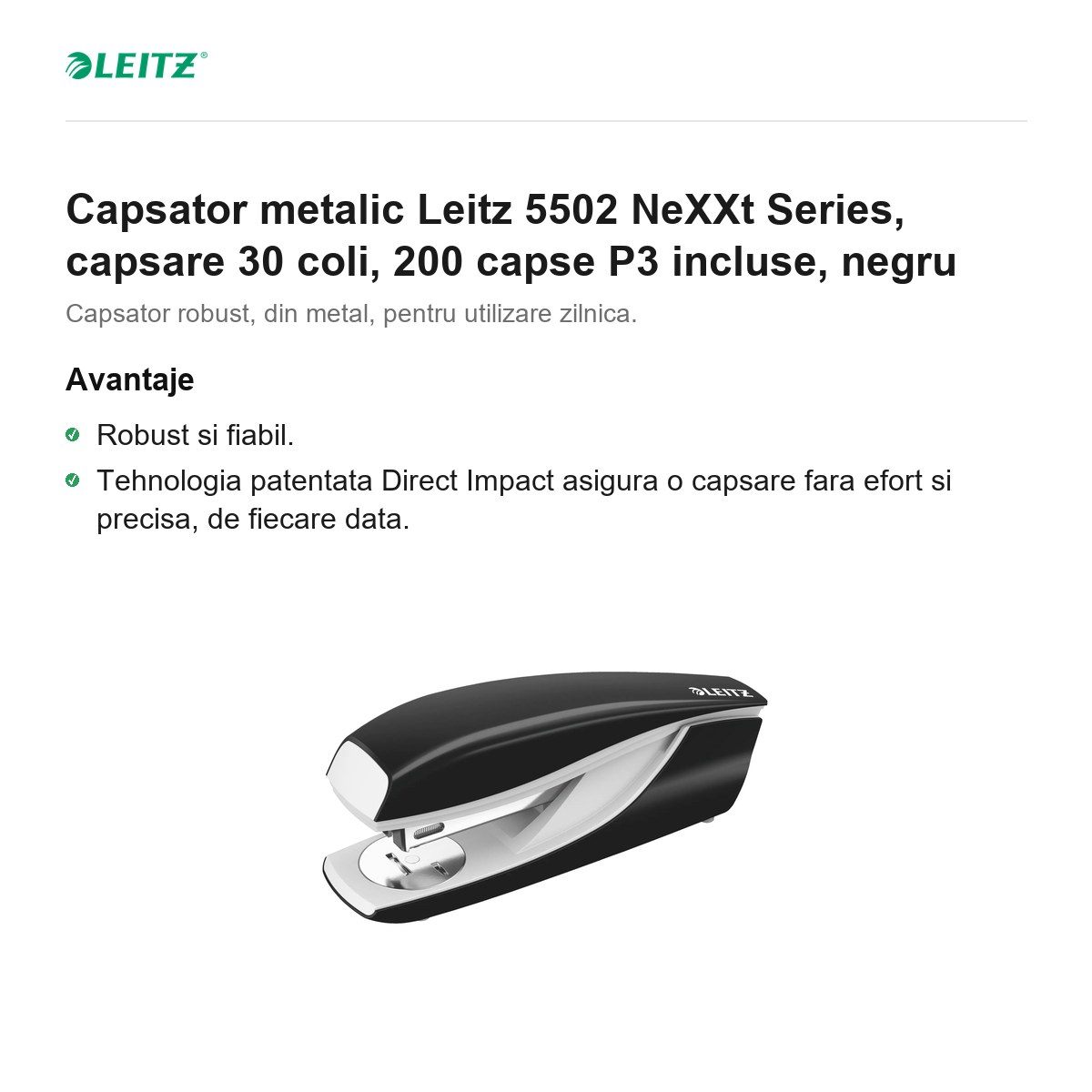 Capsator metalic Leitz 5502 NeXXt Series, capsare 30 coli, 200 capse P3 incluse, negru [2]