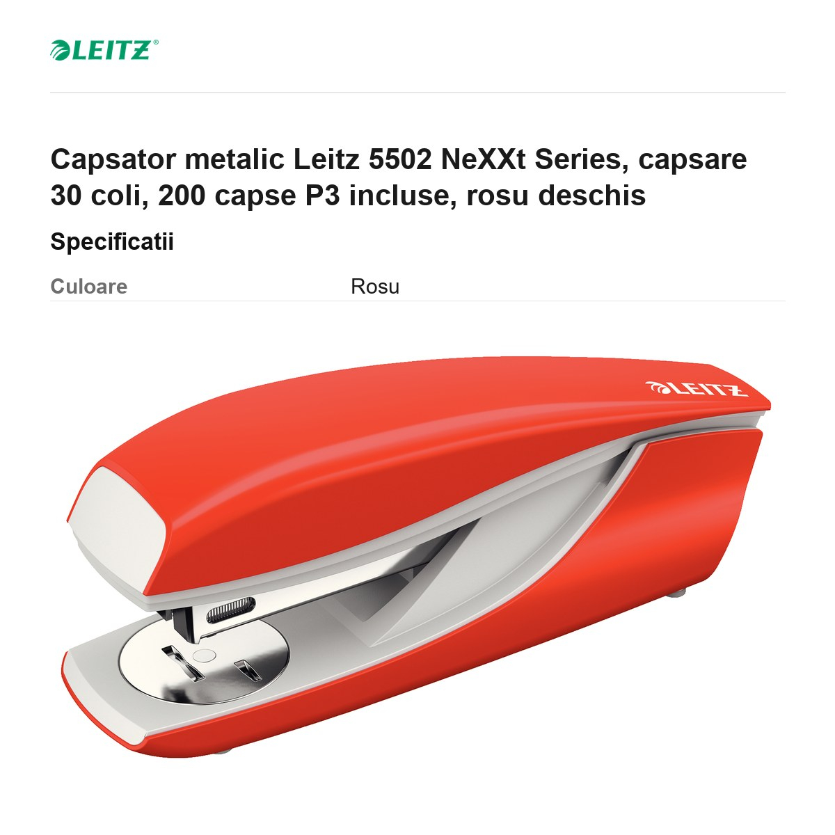 Capsator metalic Leitz 5502 NeXXt Series, capsare 30 coli, 200 capse P3 incluse, rosu deschis [3]
