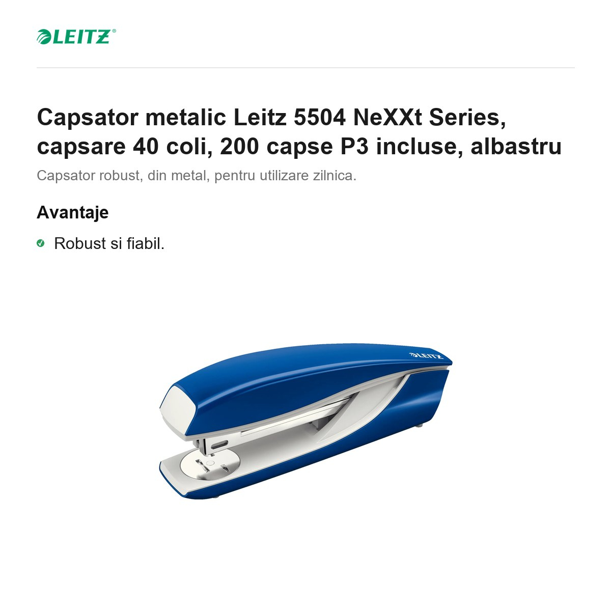 Capsator metalic Leitz 5504 NeXXt Series, capsare 40 coli, 200 capse P3 incluse, albastru [2]
