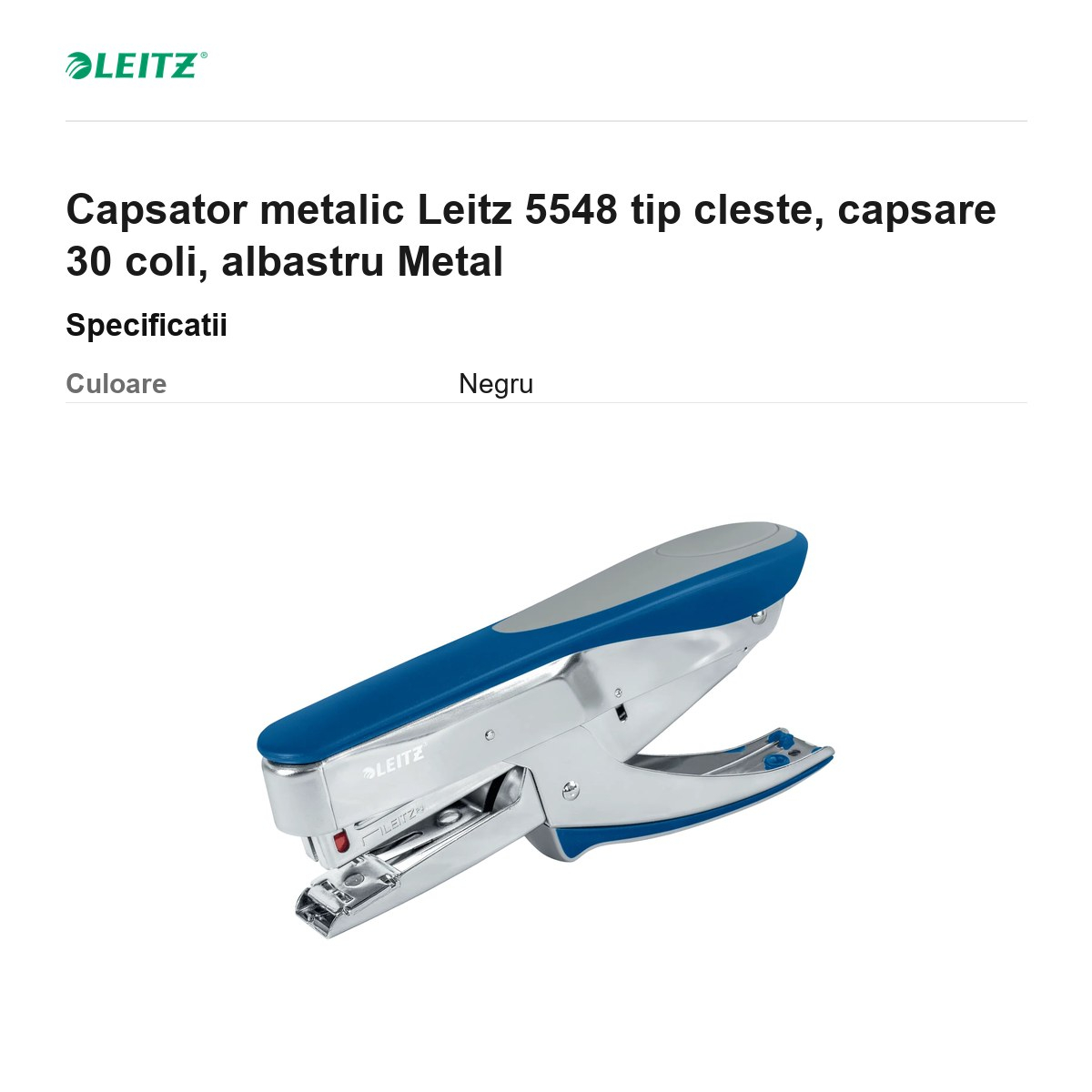 Capsator metalic Leitz 5548 tip cleste, capsare 30 coli, albastru Metal [3]