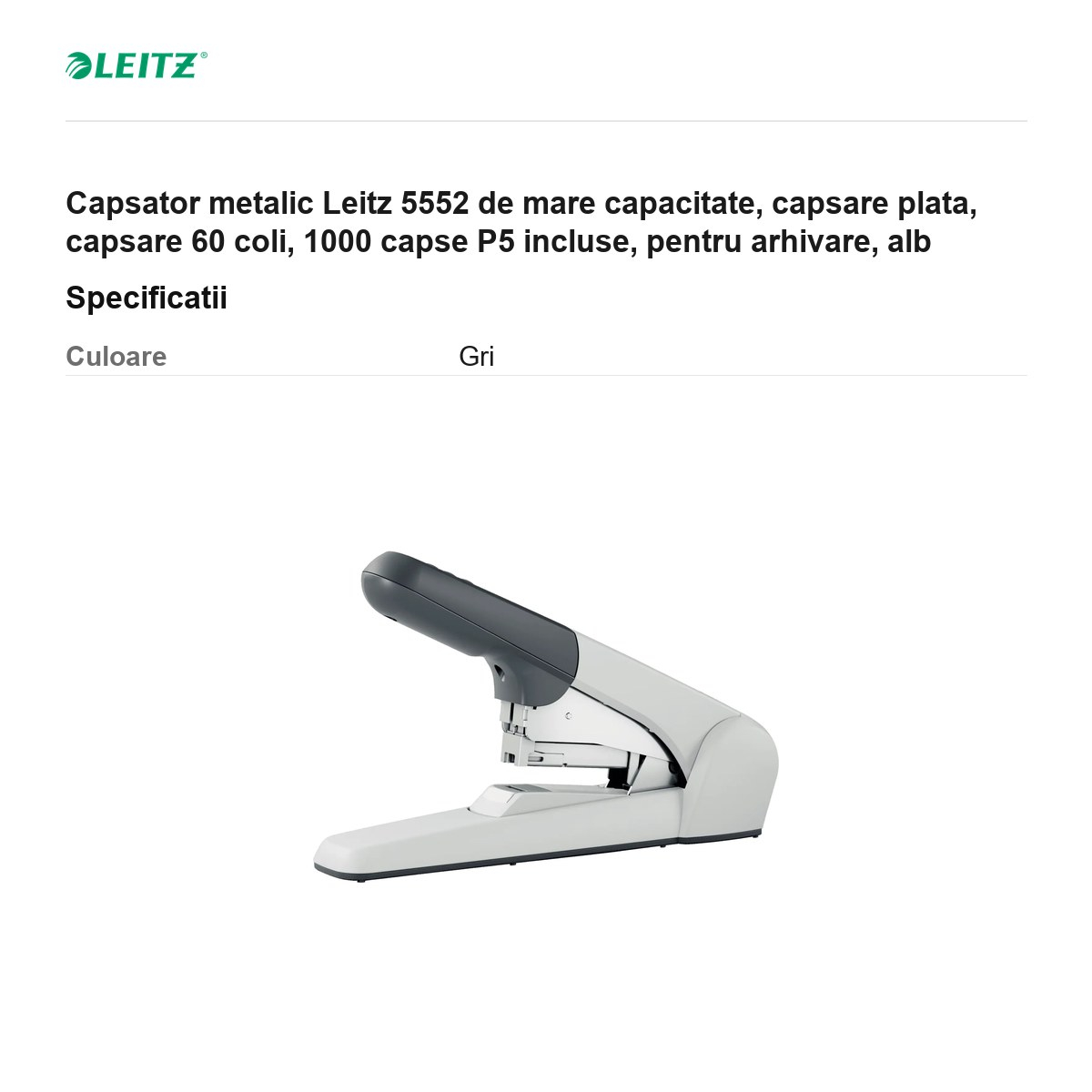 Capsator metalic Leitz 5552 de mare capacitate, capsare plata, capsare 60 coli, 1000 capse P5 incluse, pentru arhivare, alb [3]