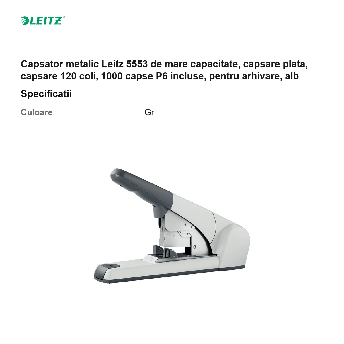 Capsator metalic Leitz 5553 de mare capacitate, capsare plata, capsare 120 coli, 1000 capse P6 incluse, pentru arhivare, alb [3]