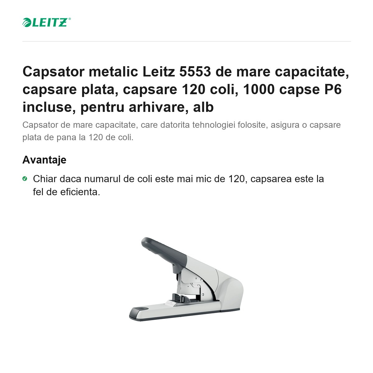Capsator metalic Leitz 5553 de mare capacitate, capsare plata, capsare 120 coli, 1000 capse P6 incluse, pentru arhivare, alb [2]