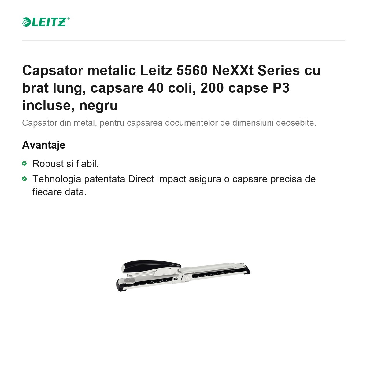 Capsator metalic Leitz 5560 NeXXt Series cu brat lung, capsare 40 coli, 200 capse P3 incluse, negru [2]