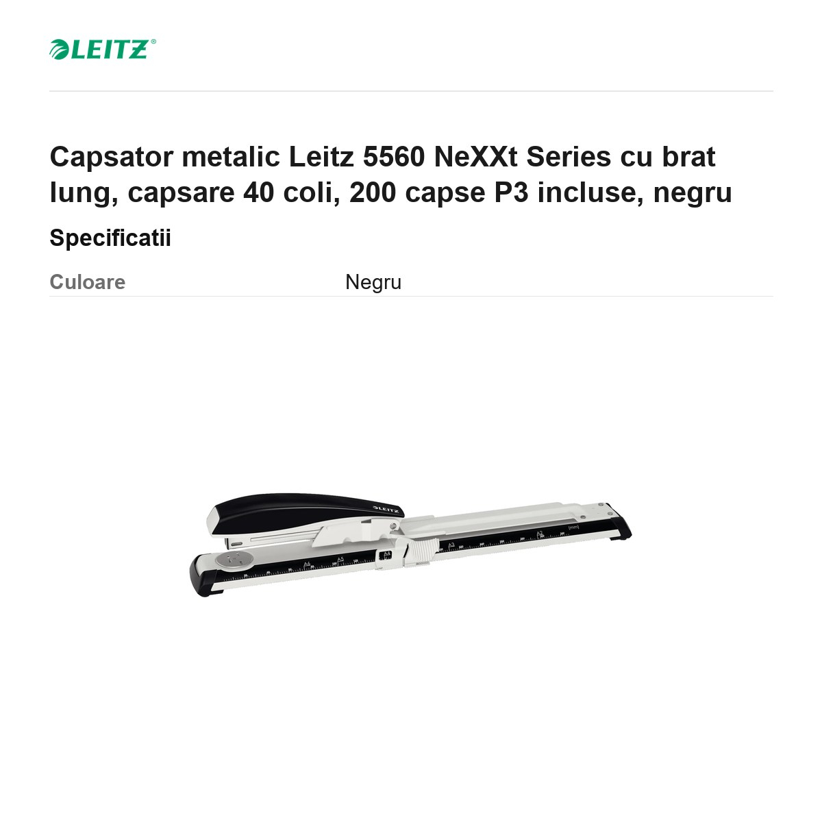 Capsator metalic Leitz 5560 NeXXt Series cu brat lung, capsare 40 coli, 200 capse P3 incluse, negru [3]