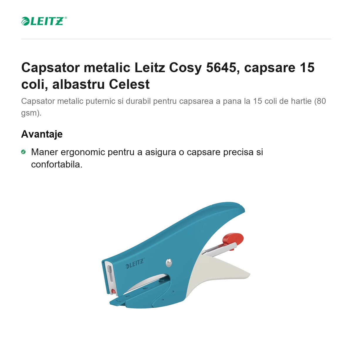 Capsator metalic Leitz Cosy 5645, capsare 15 coli, albastru Celest [2]