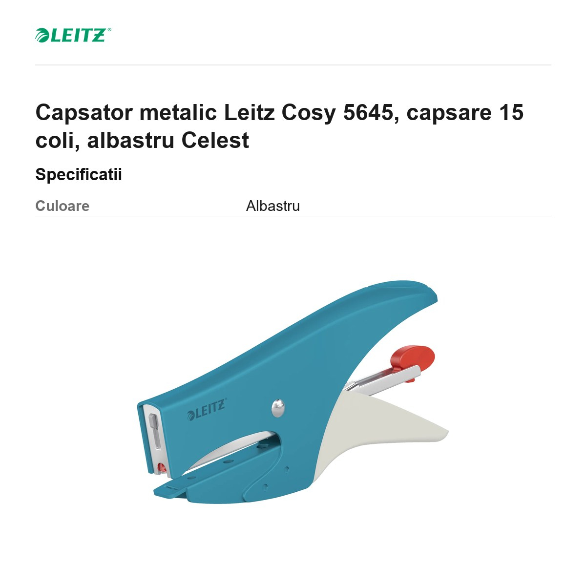Capsator metalic Leitz Cosy 5645, capsare 15 coli, albastru Celest [3]