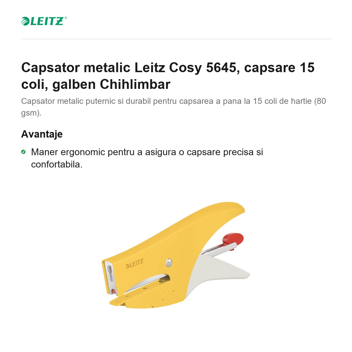 Capsator metalic Leitz Cosy 5645, capsare 15 coli, galben Chihlimbar [2]