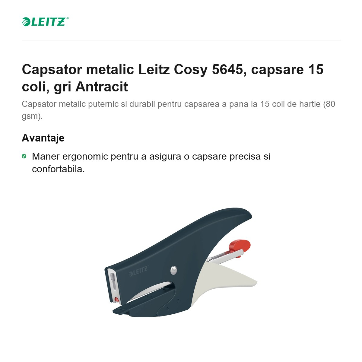 Capsator metalic Leitz Cosy 5645, capsare 15 coli, gri Antracit [2]