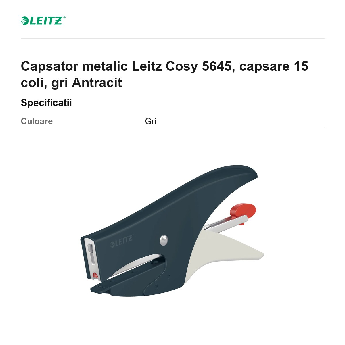 Capsator metalic Leitz Cosy 5645, capsare 15 coli, gri Antracit [3]