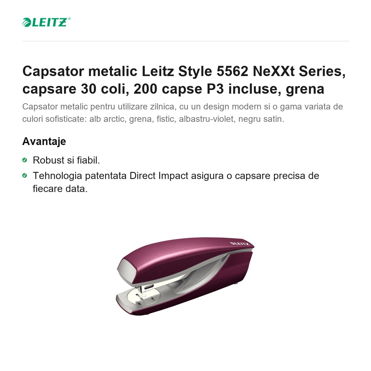 Capsator metalic Leitz Style 5562 NeXXt Series, capsare 30 coli, 200 capse P3 incluse, grena [2]