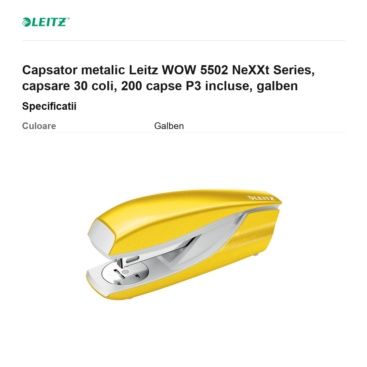 Capsator metalic Leitz WOW 5502 NeXXt Series, capsare 30 coli, 200 capse P3 incluse, galben [3]