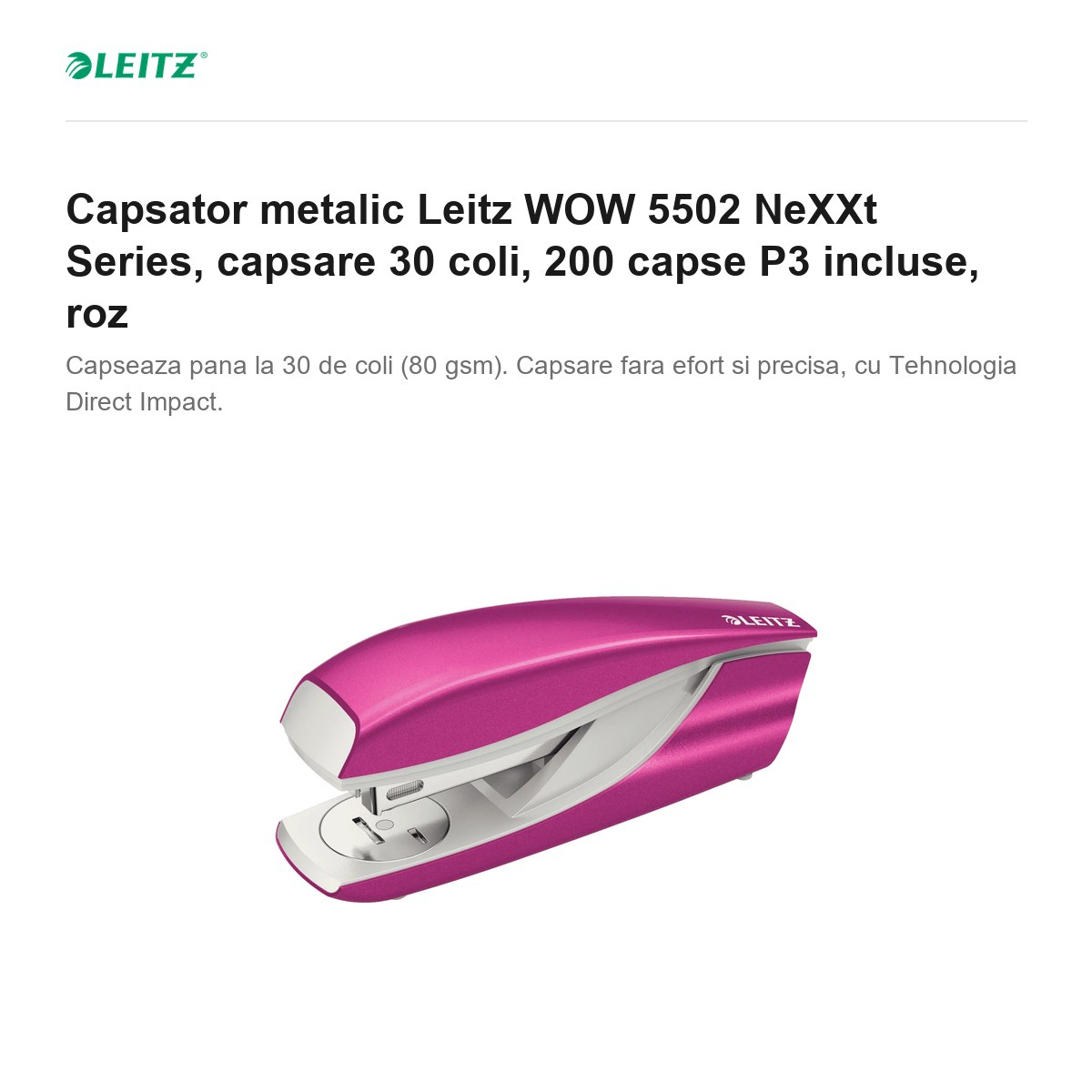 Capsator metalic Leitz WOW 5502 NeXXt Series, capsare 30 coli, 200 capse P3 incluse, roz [2]