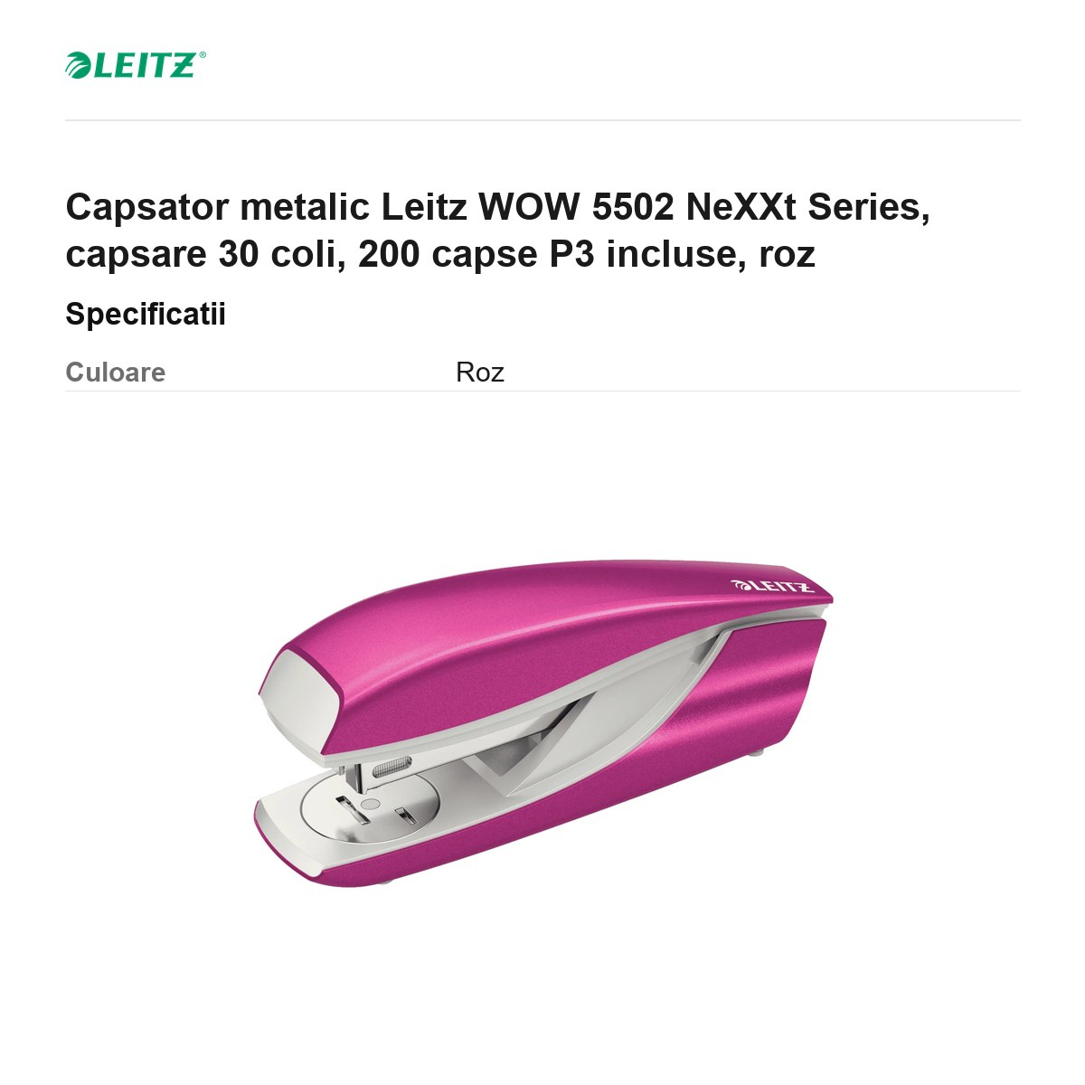 Capsator metalic Leitz WOW 5502 NeXXt Series, capsare 30 coli, 200 capse P3 incluse, roz [3]