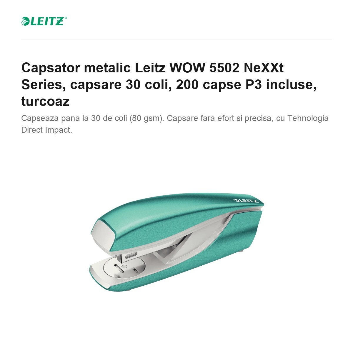 Capsator metalic Leitz WOW 5502 NeXXt Series, capsare 30 coli, 200 capse P3 incluse, turcoaz [2]