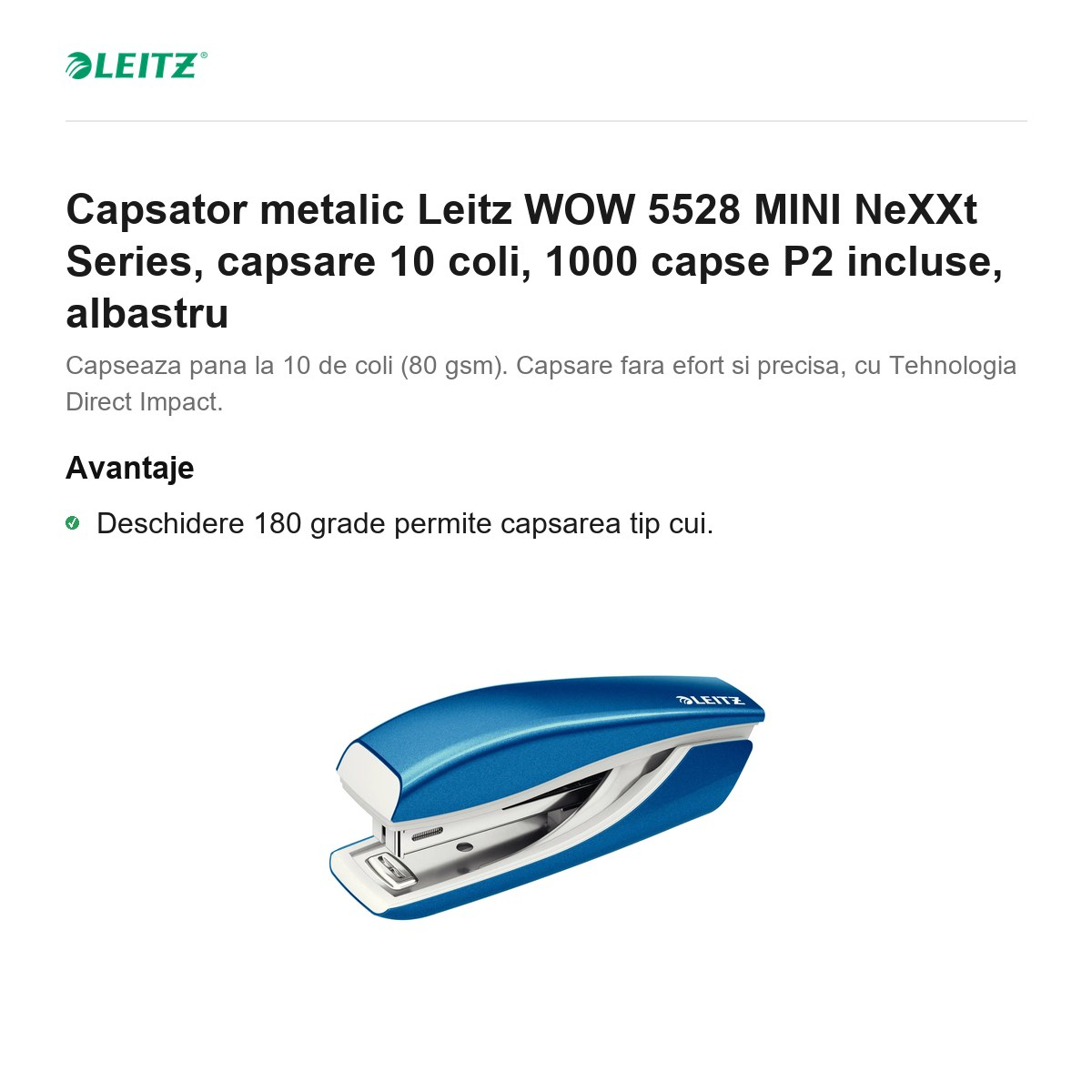 Capsator metalic Leitz WOW 5528 MINI NeXXt Series, capsare 10 coli, 1000 capse P2 incluse, albastru [2]