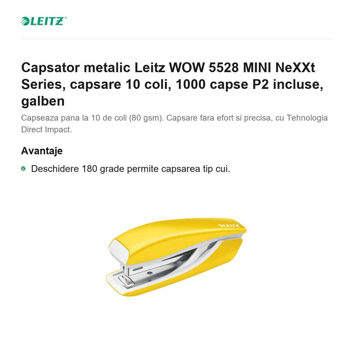 Capsator metalic Leitz WOW 5528 MINI NeXXt Series, capsare 10 coli, 1000 capse P2 incluse, galben [2]