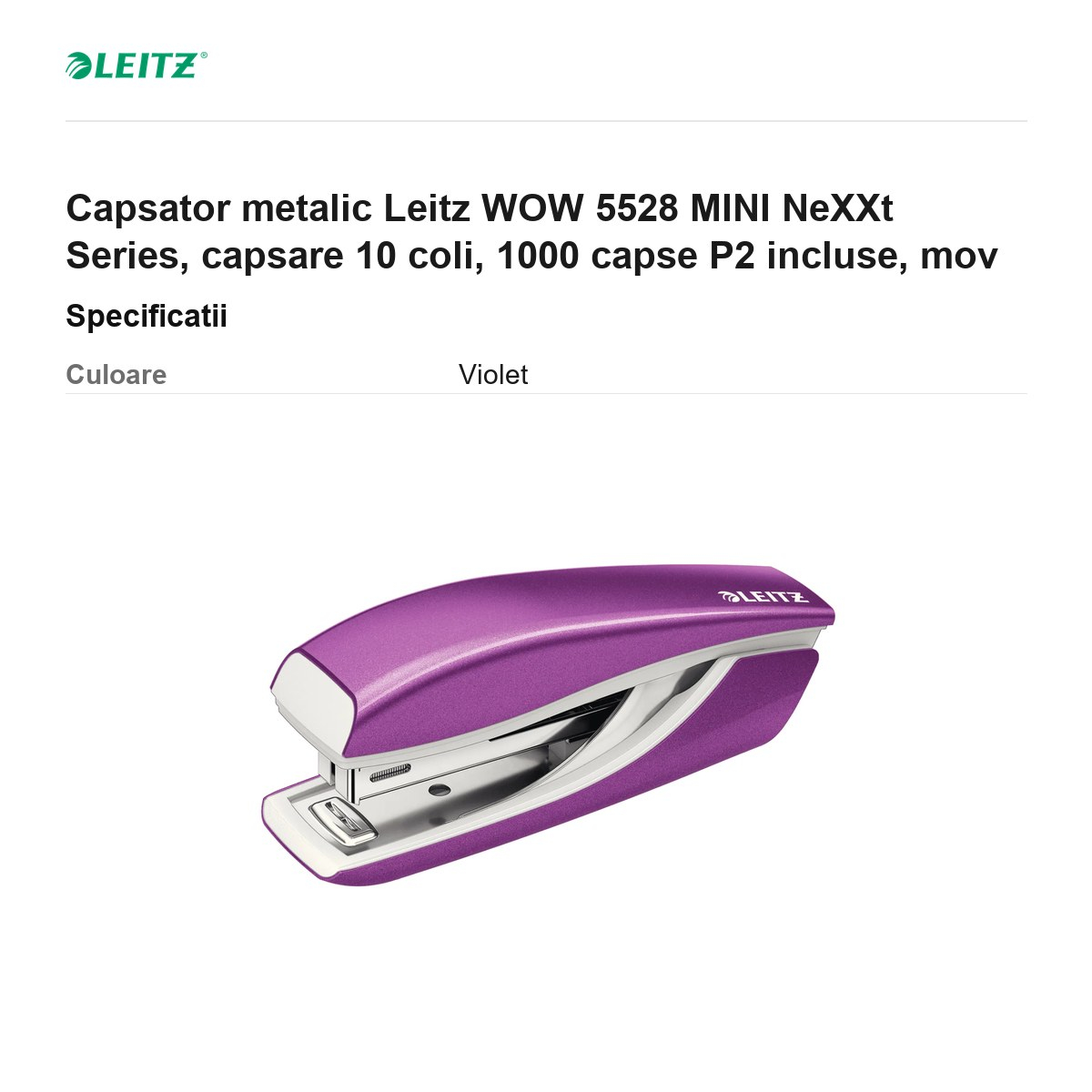 Capsator metalic Leitz WOW 5528 MINI NeXXt Series, capsare 10 coli, 1000 capse P2 incluse, mov [3]