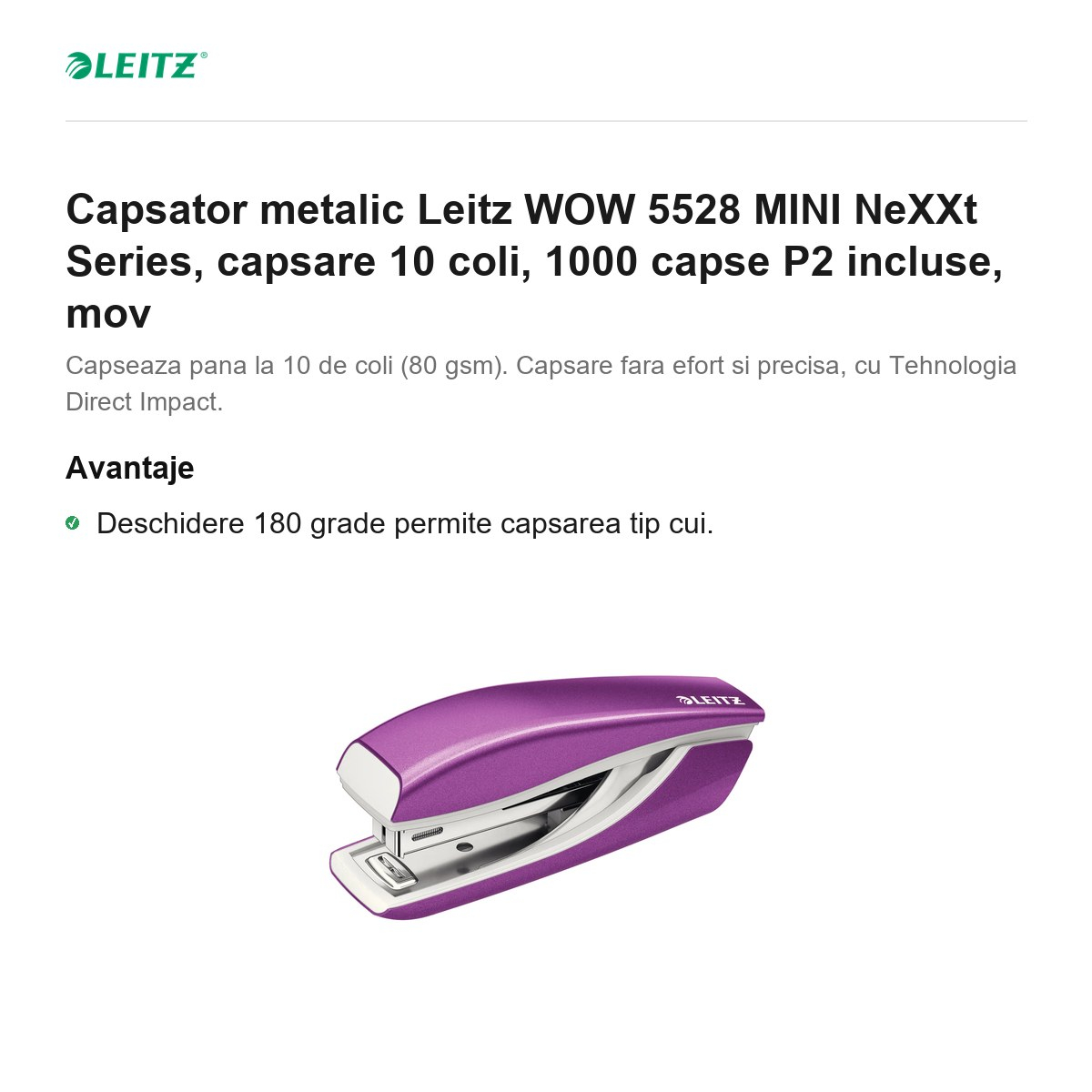 Capsator metalic Leitz WOW 5528 MINI NeXXt Series, capsare 10 coli, 1000 capse P2 incluse, mov [2]