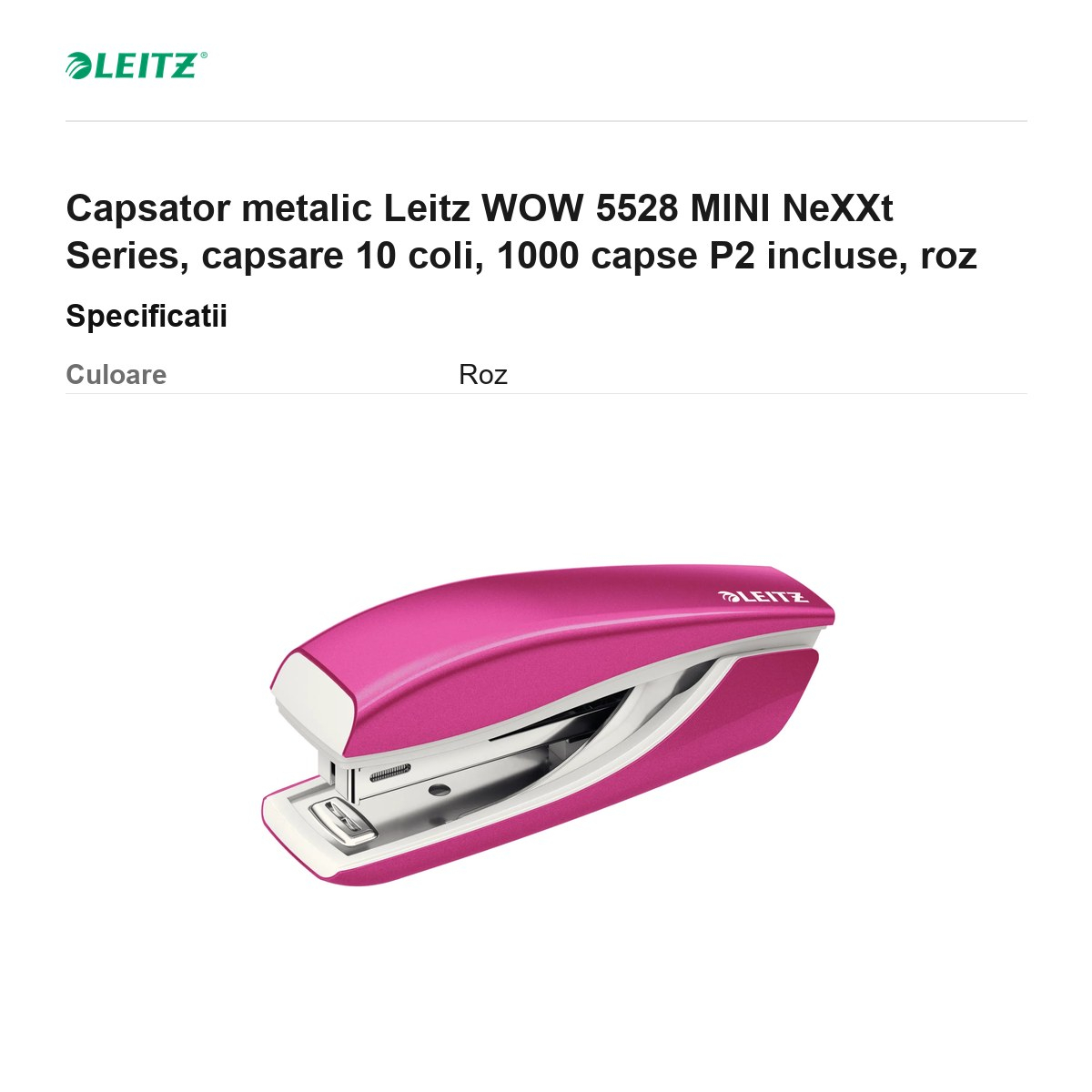 Capsator metalic Leitz WOW 5528 MINI NeXXt Series, capsare 10 coli, 1000 capse P2 incluse, roz [3]